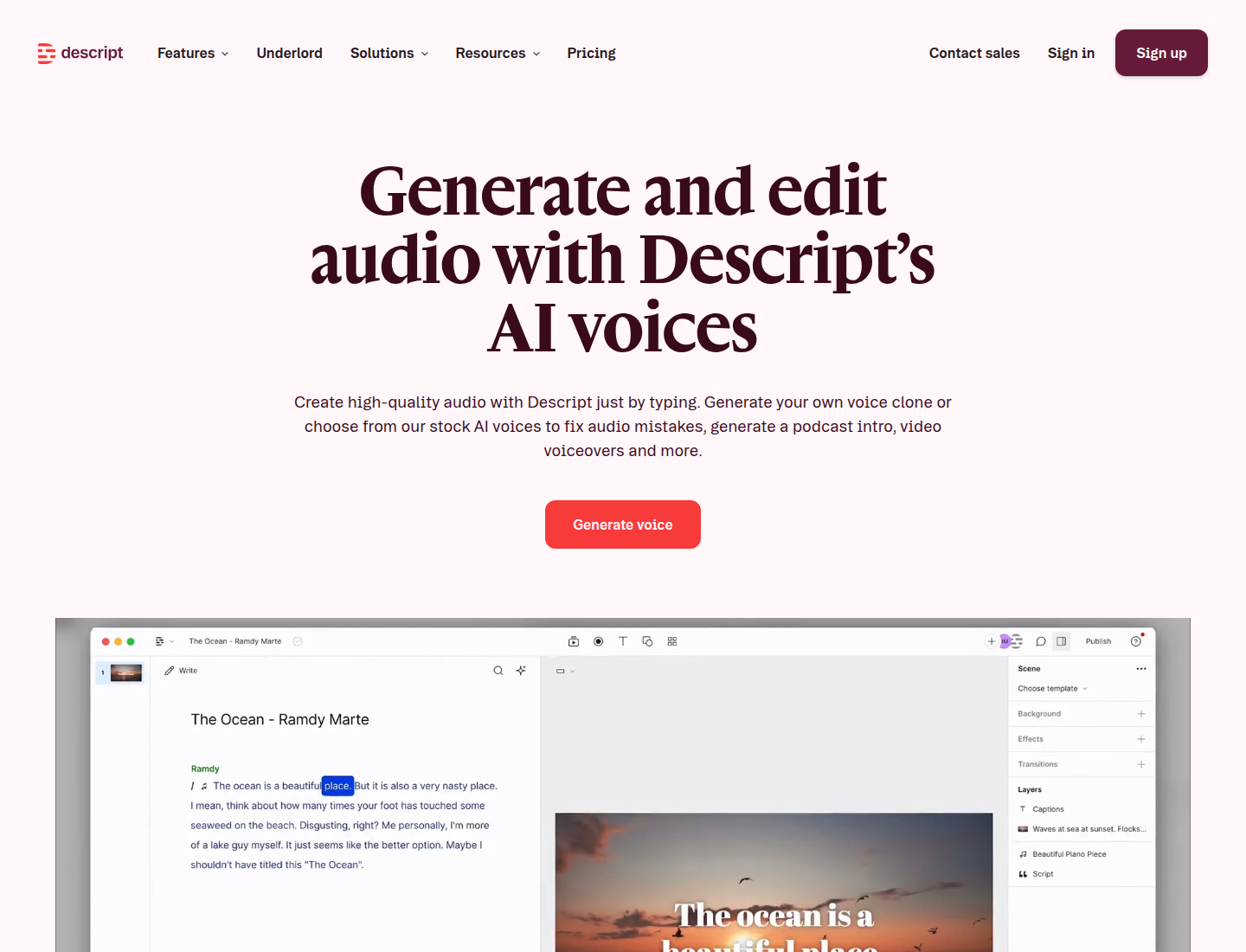 Descript AI voices product page
