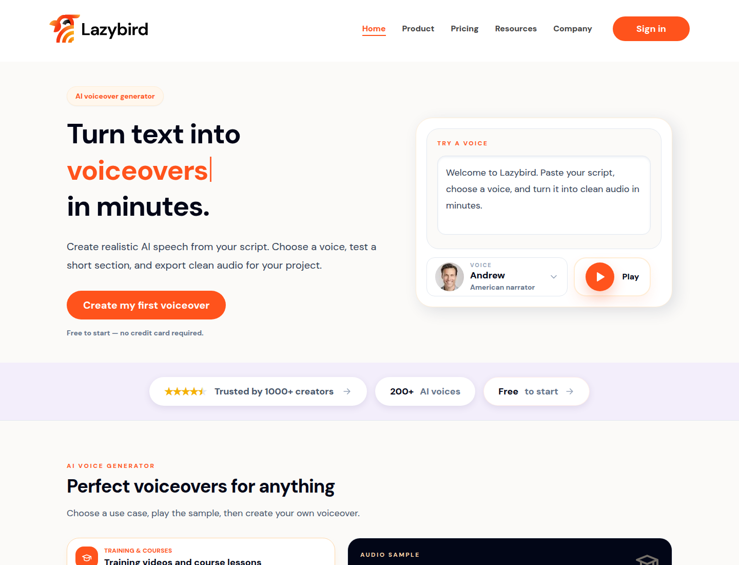 Lazybird voiceover product page