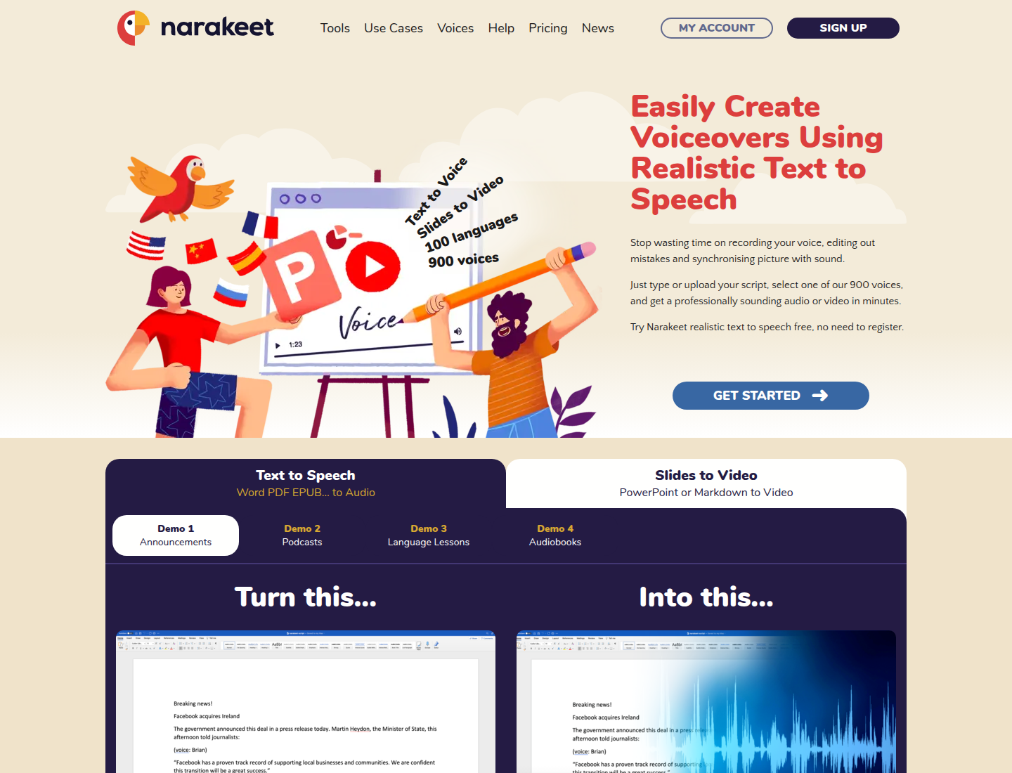 Narakeet text to audio product page