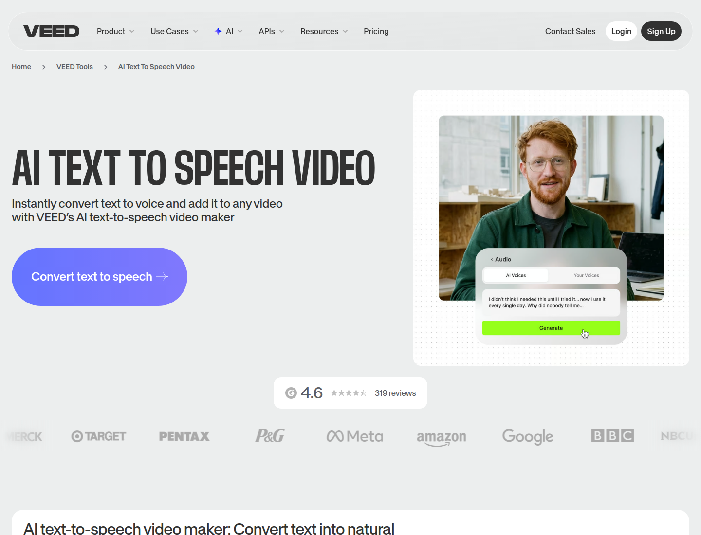 VEED text to speech and video editor page