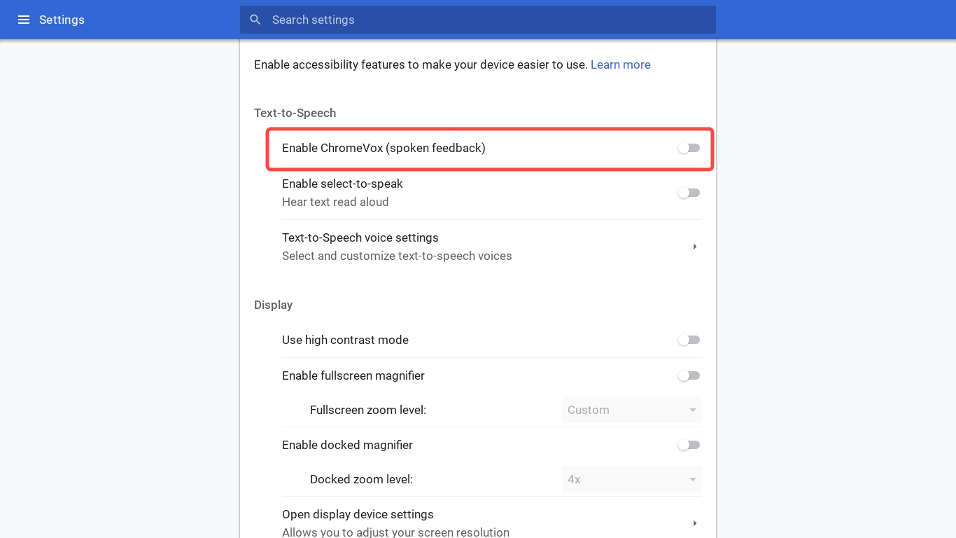 ChromeVox toggle in ChromeOS Accessibility settings