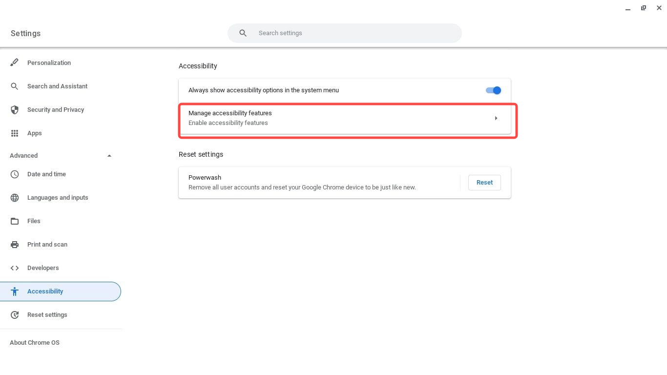 Select to Speak toggle in ChromeOS settings