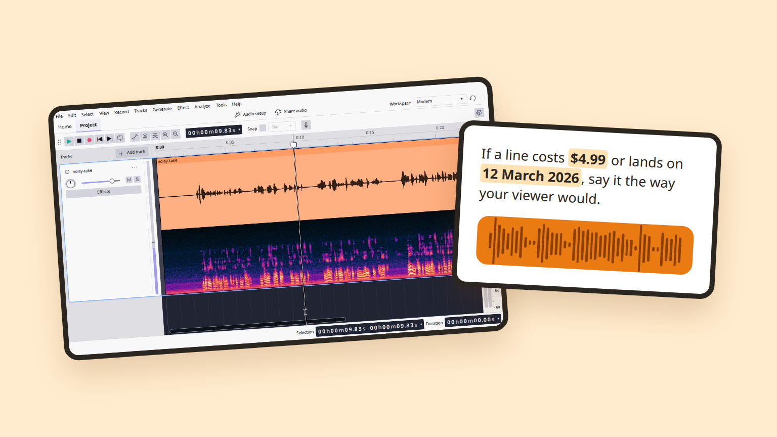 Audacity 4 editing a noisy voice track, next to a script card with a price and a date and an AI voice waveform