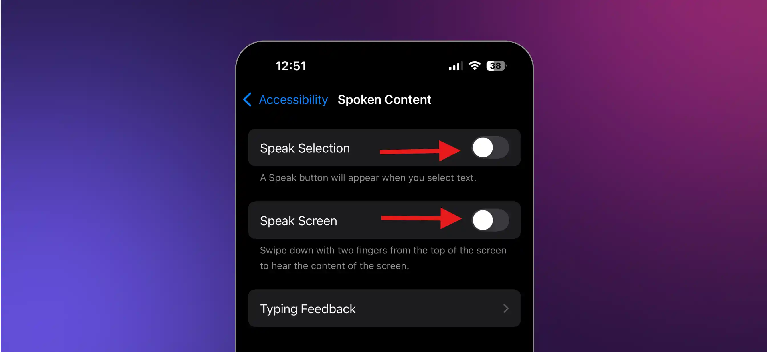 Speak Screen and Speak Selection toggles