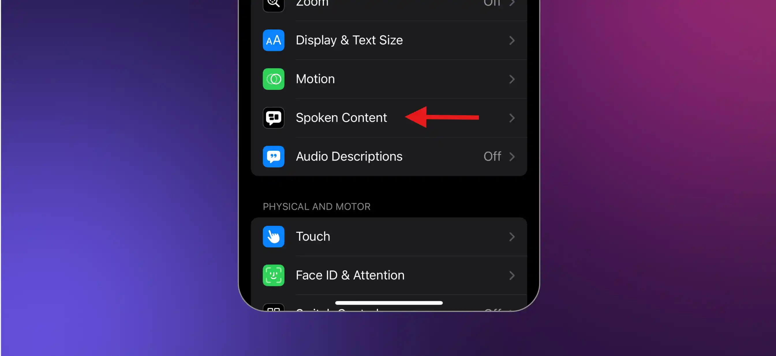 iPhone Spoken Content option