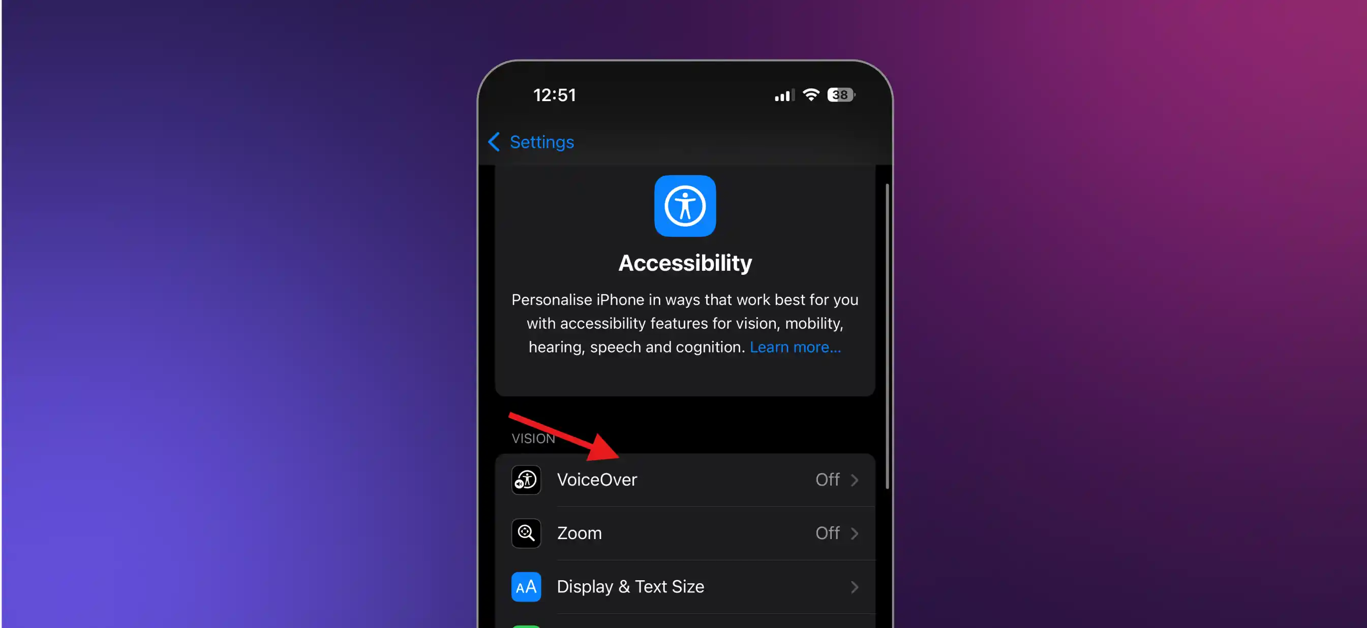 VoiceOver toggle on iPhone