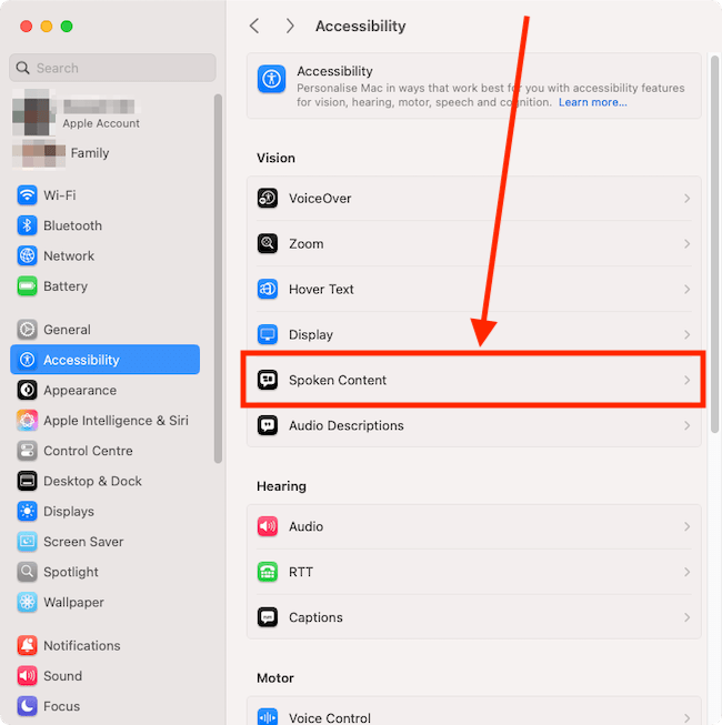 macOS Sequoia Read & Speak settings