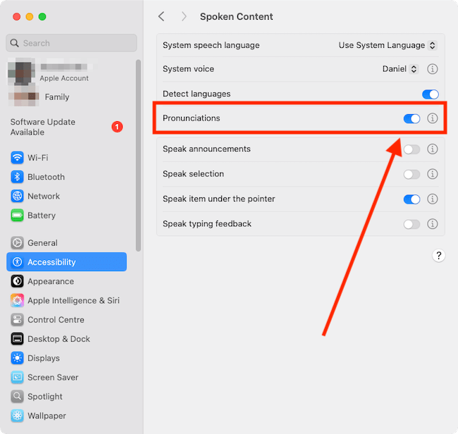 macOS Read & Speak toggle options