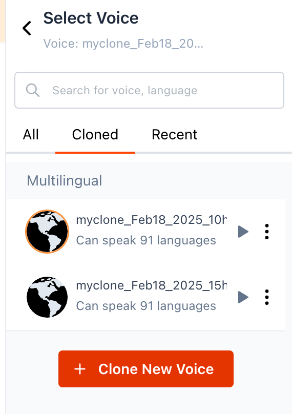 Cloned voice ready in the voice selector
