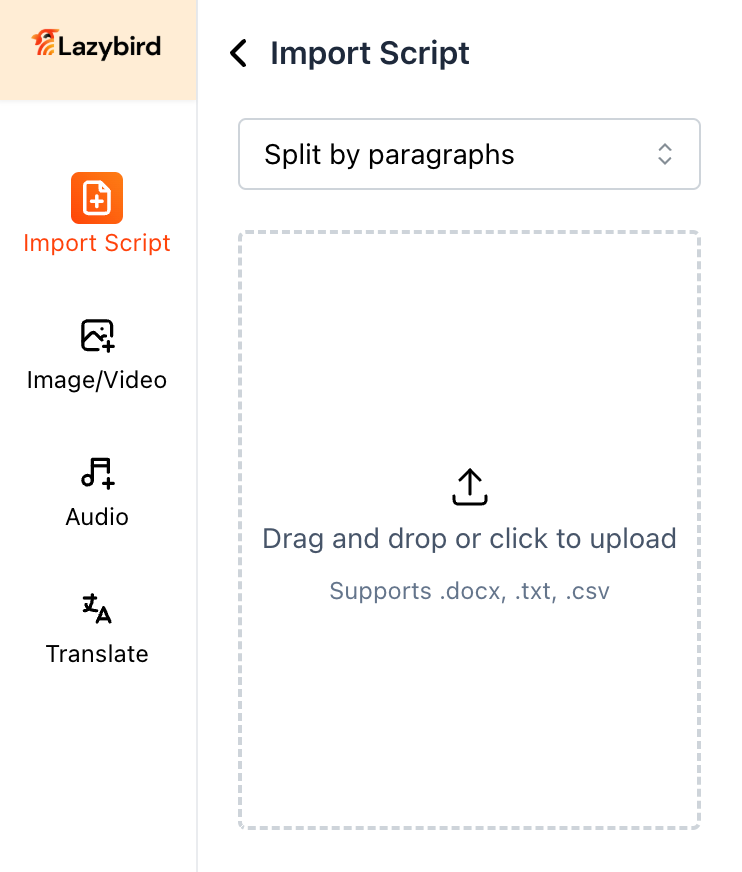 Import panel in Lazybird Studio