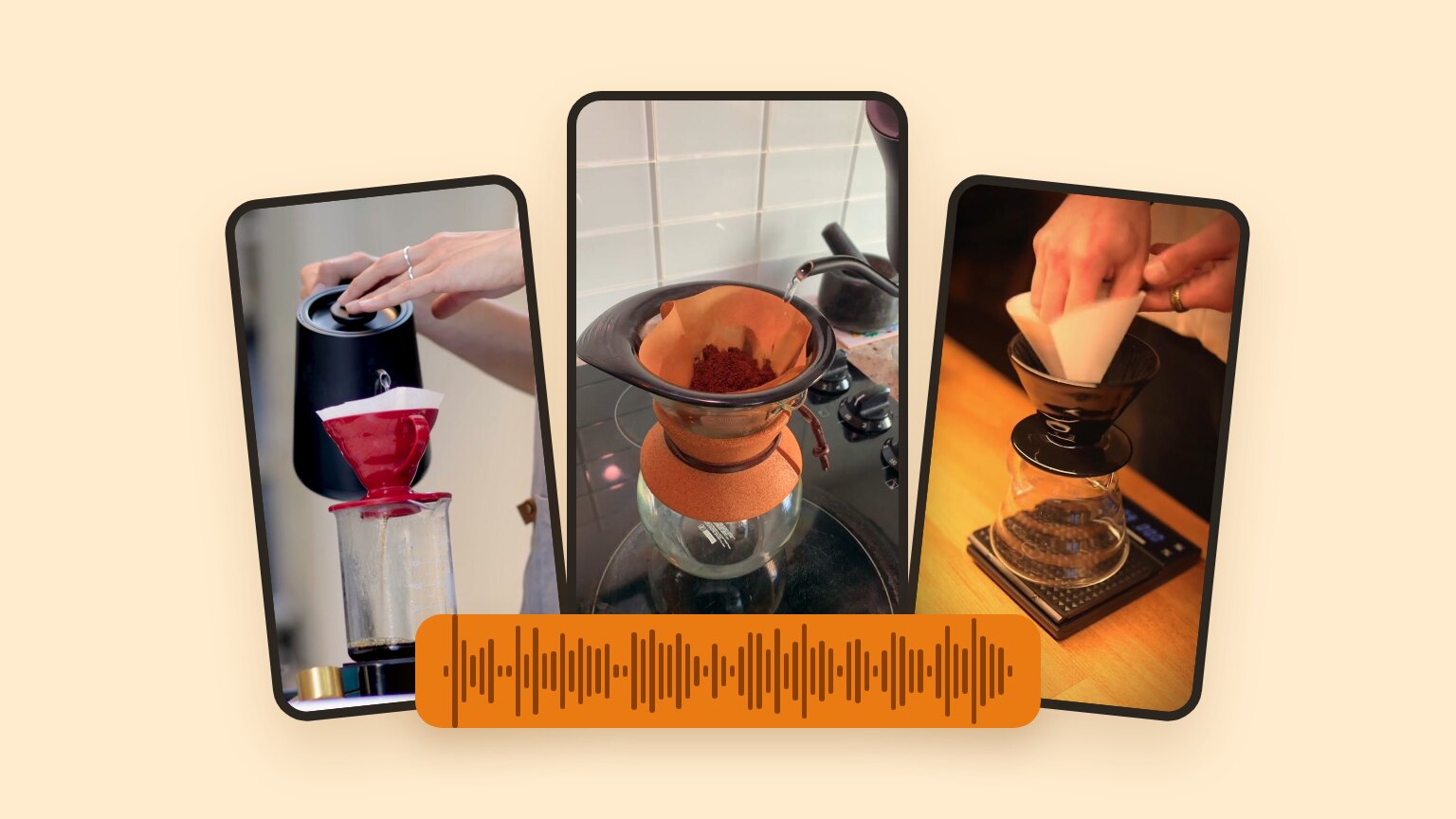 Three vertical frames from a narrated pour-over coffee TikTok, with a voice waveform