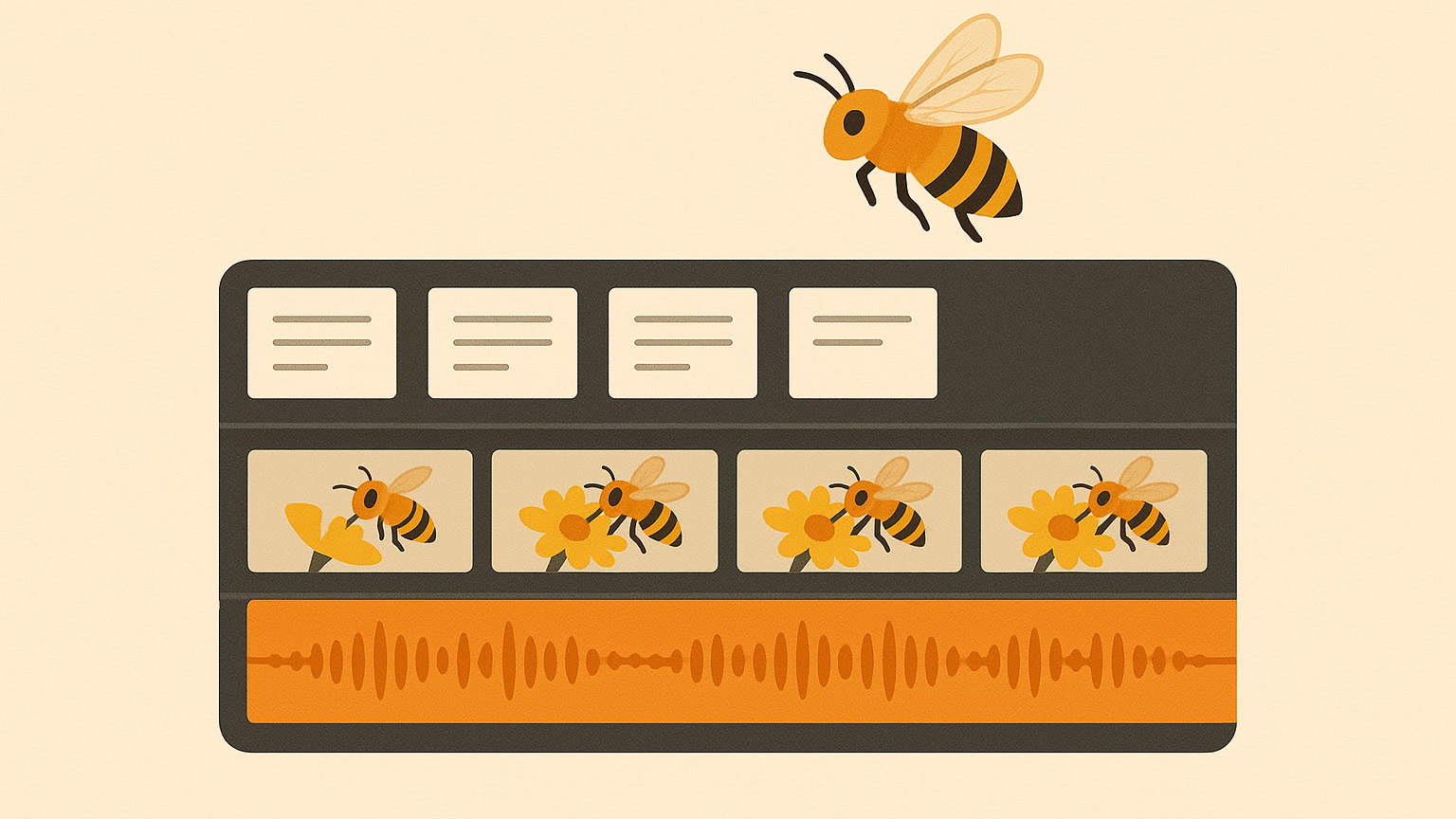 A narrated honeybee explainer being assembled from a script, a voice waveform and video clips
