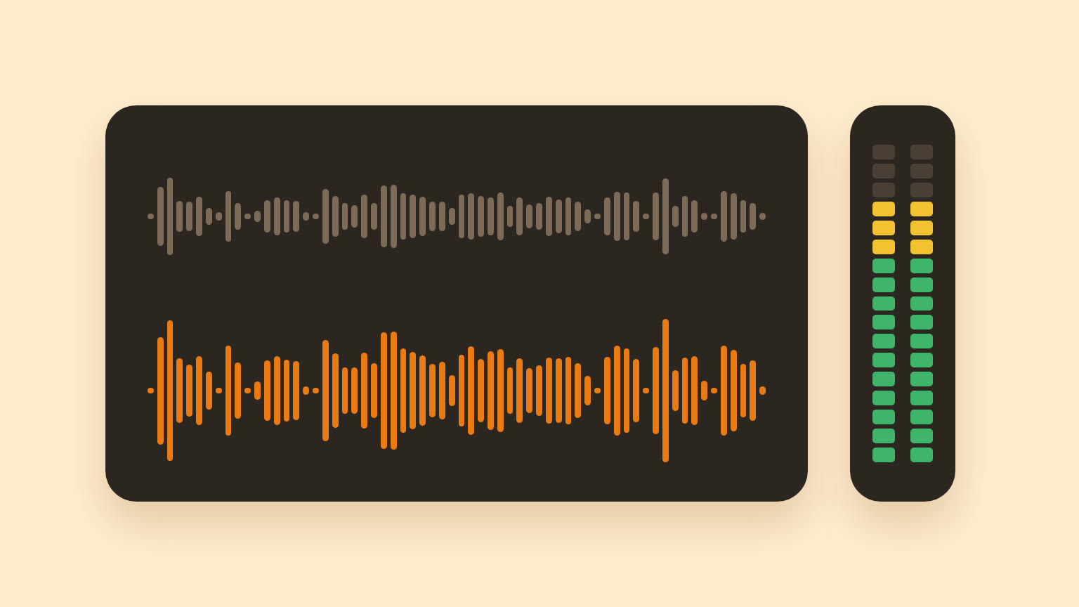 Two voice waveforms, a quiet raw take above a louder mastered one, next to a recording level meter